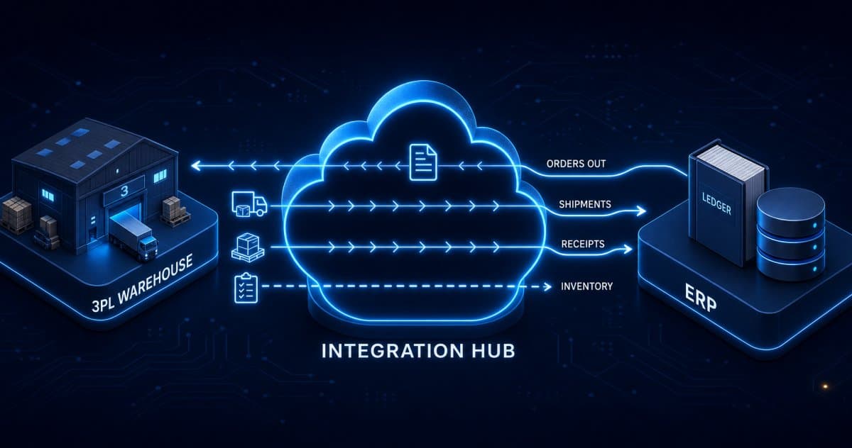 A 3PL warehouse system and an ERP connected through a central Aonflow integration cloud, with orders going out and shipments, receipts and inventory coming back