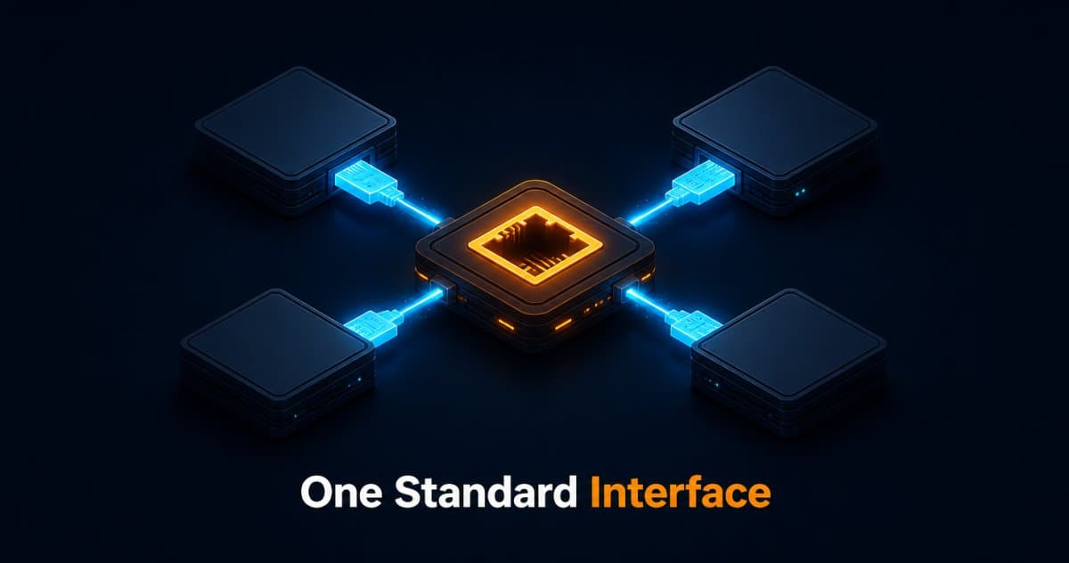 Diagram showing an AI agent connecting to multiple business systems through one standard protocol interface