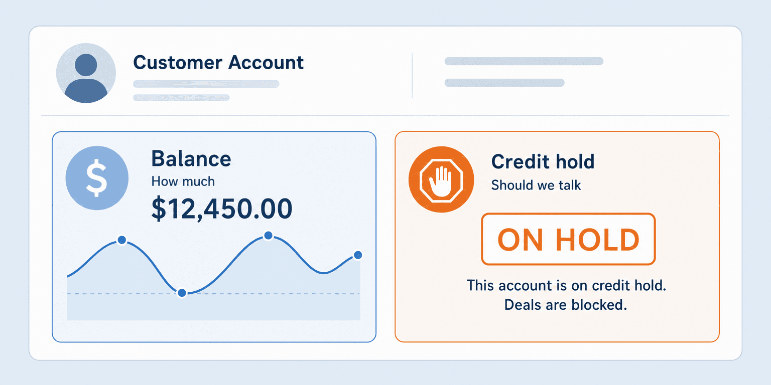 Two read-only signals on a Salesforce account: a customer balance that rises and falls with invoices and payments, and a credit hold that stops the deal regardless of the balance.