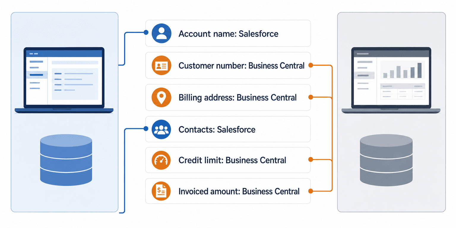 Six fields split by owner in a Salesforce and Business Central integration: Salesforce owns account name and contacts; Business Central owns customer number, billing address and payment terms, credit limit and blocked status, and order total and invoiced amount.