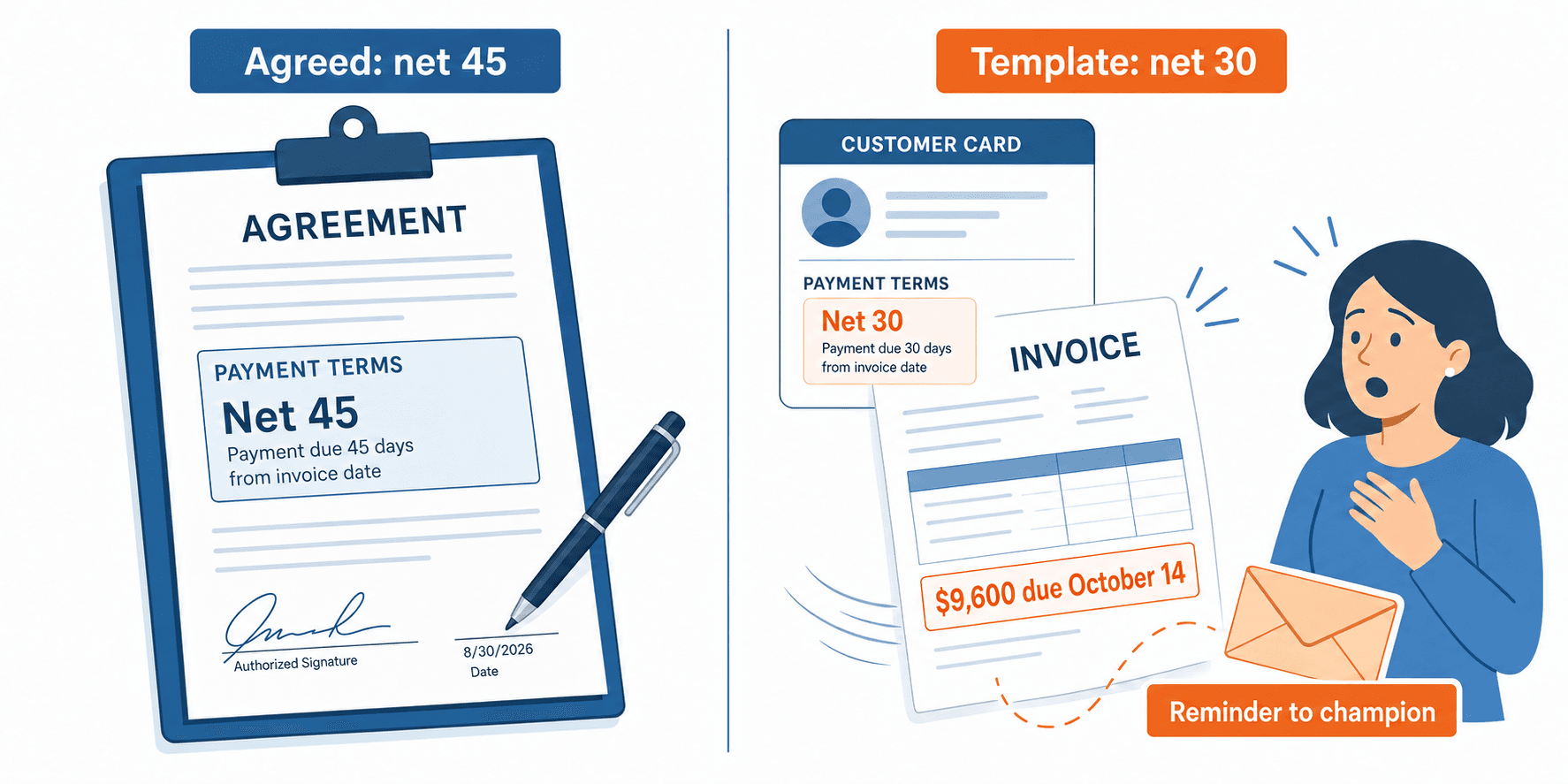 One deal, two sets of terms: the rep agreed net 45, the customer card was created with the template's net 30, so the $9,600 first invoice fell due on October 14 instead of October 29 and the reminder went to the champion.