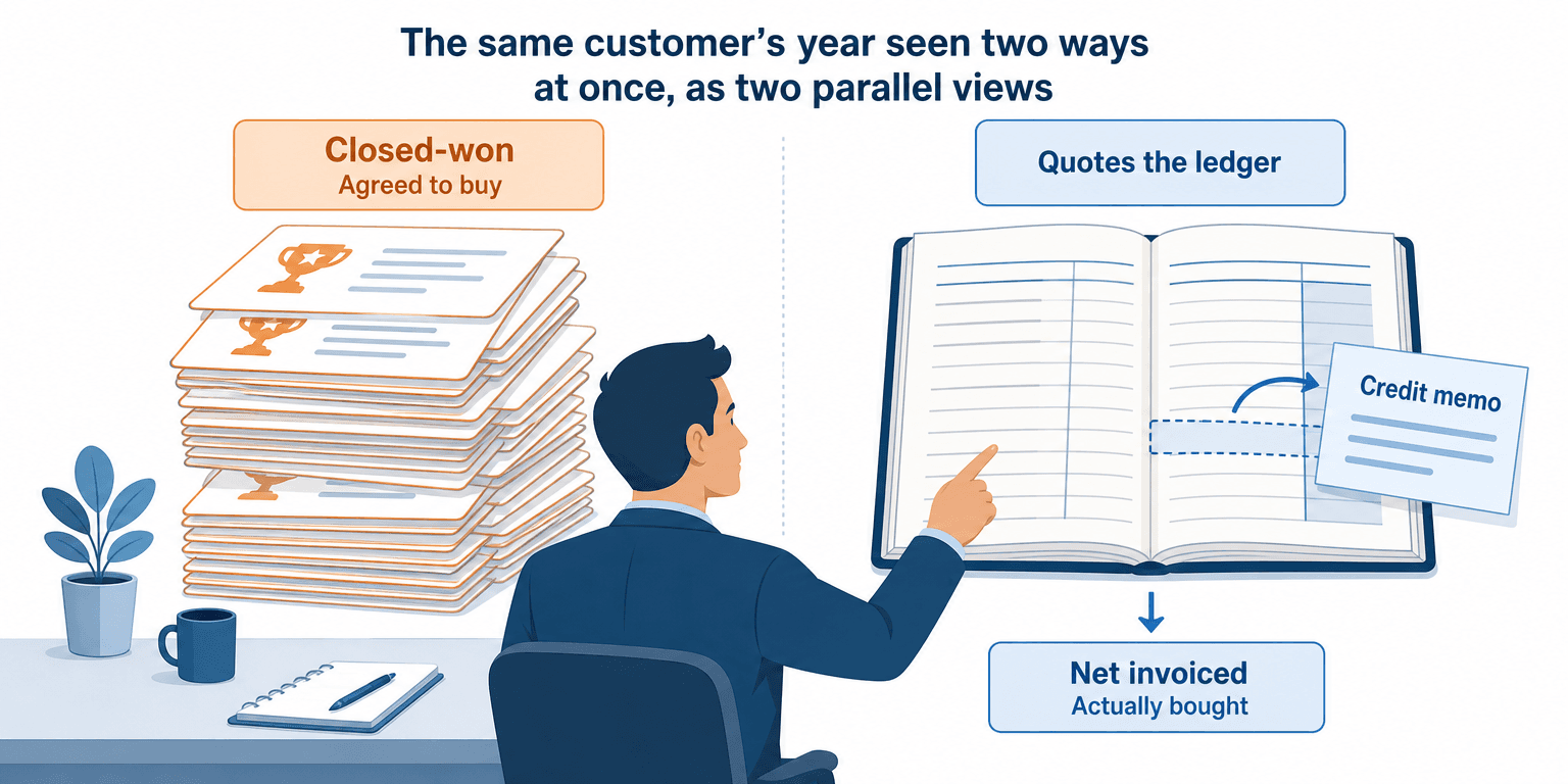The same customer seen two ways: closed-won shows what the customer agreed to buy, net invoiced after credit memos shows what they actually bought, and the QBR quotes the ledger figure